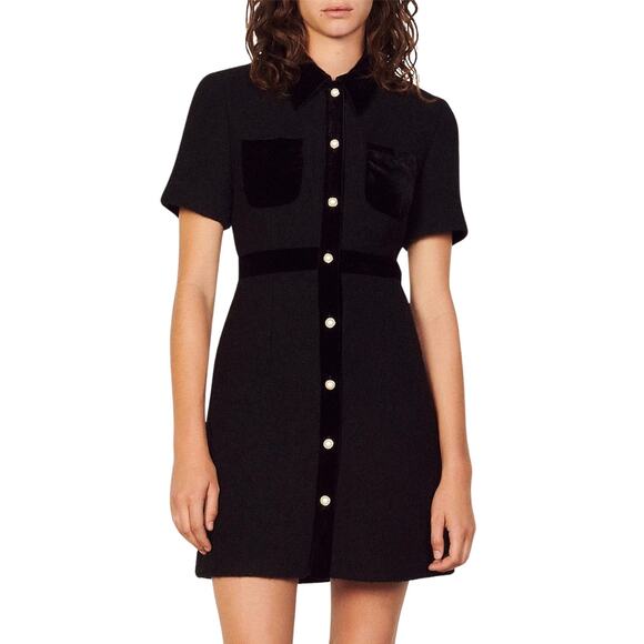 Sandro Paulette Tweed Dress Black Short Sleeve Velvet Trim Pearl Button Up Sz S - Picture 1 of 8